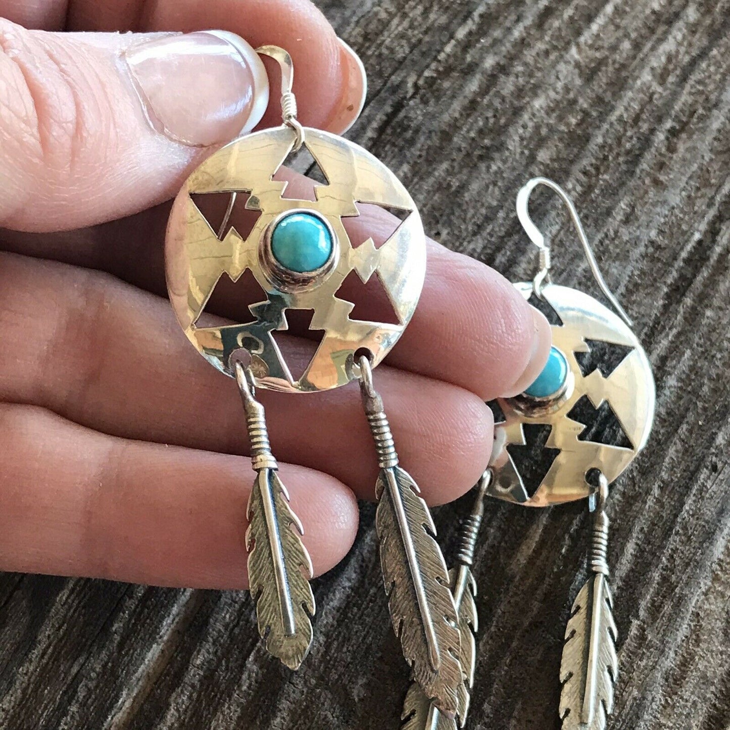 Navajo Turquoise And Sterling Silver Feather Dangle Earrings