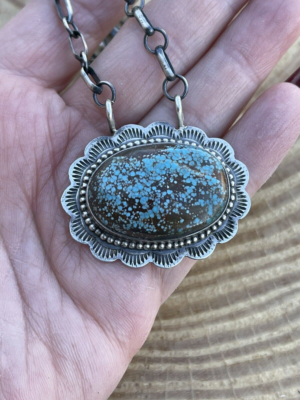 Navajo Kingman Web Turquoise Stone & Sterling Silver Necklace
