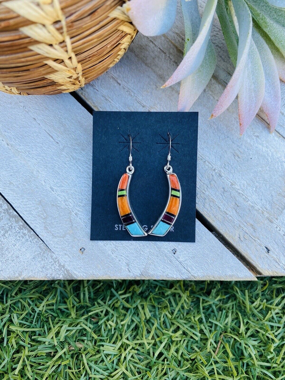 Navajo Multi Stone And Sterling Silver Inlay Dangle Earrings