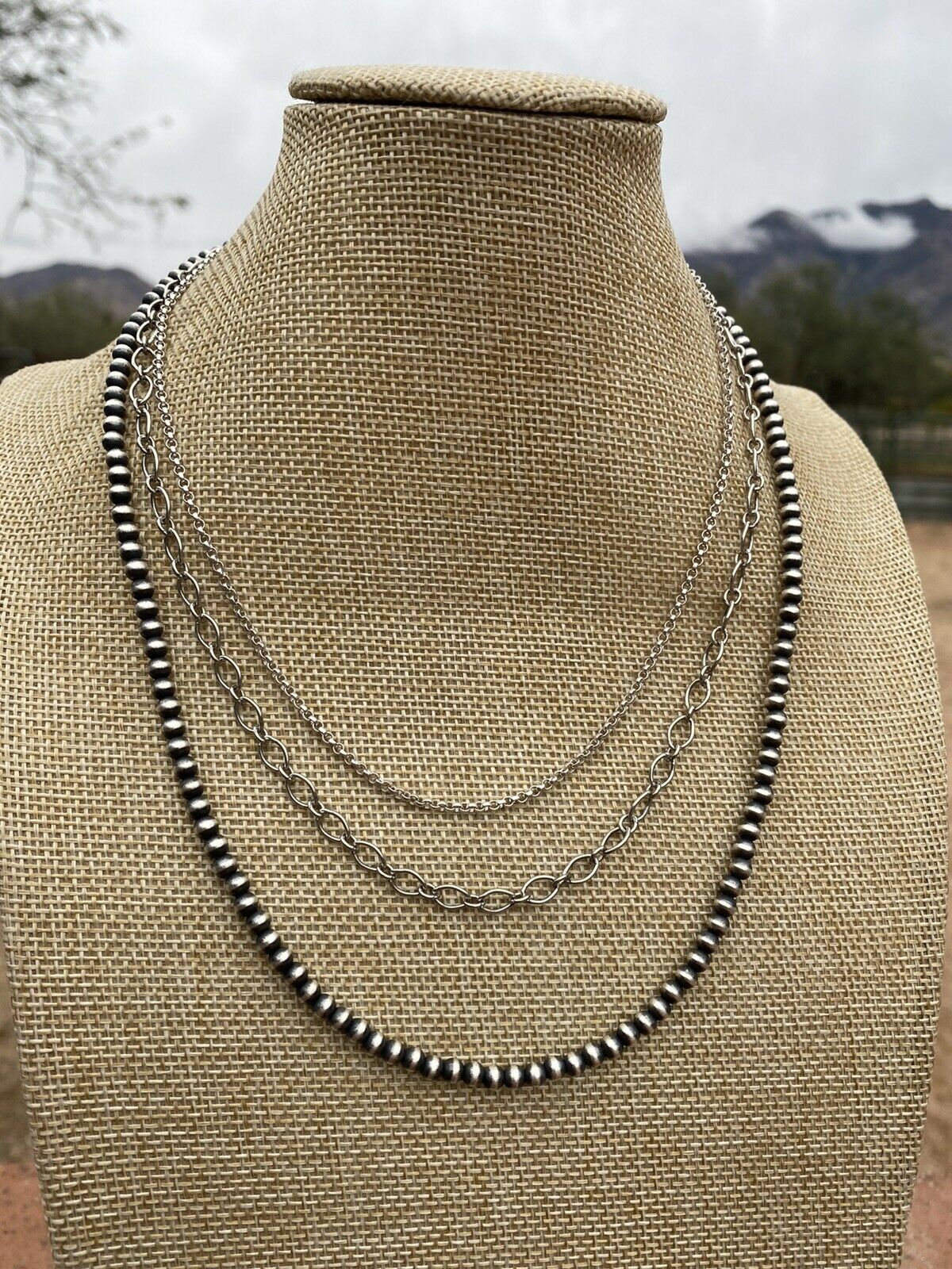 Navajo 3 Strand Sterling Silver Navajo Pearl & Chain  Necklace 16-20 Inches