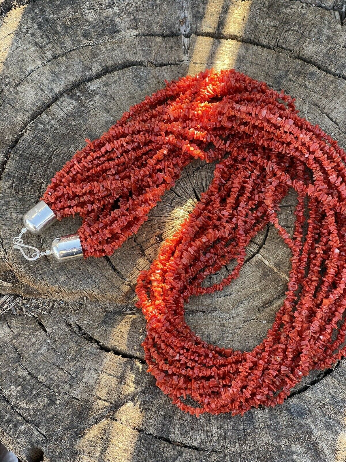 Navajo Sterling Silver Natural Coral 15 Strand Bead 36 Inch Necklace