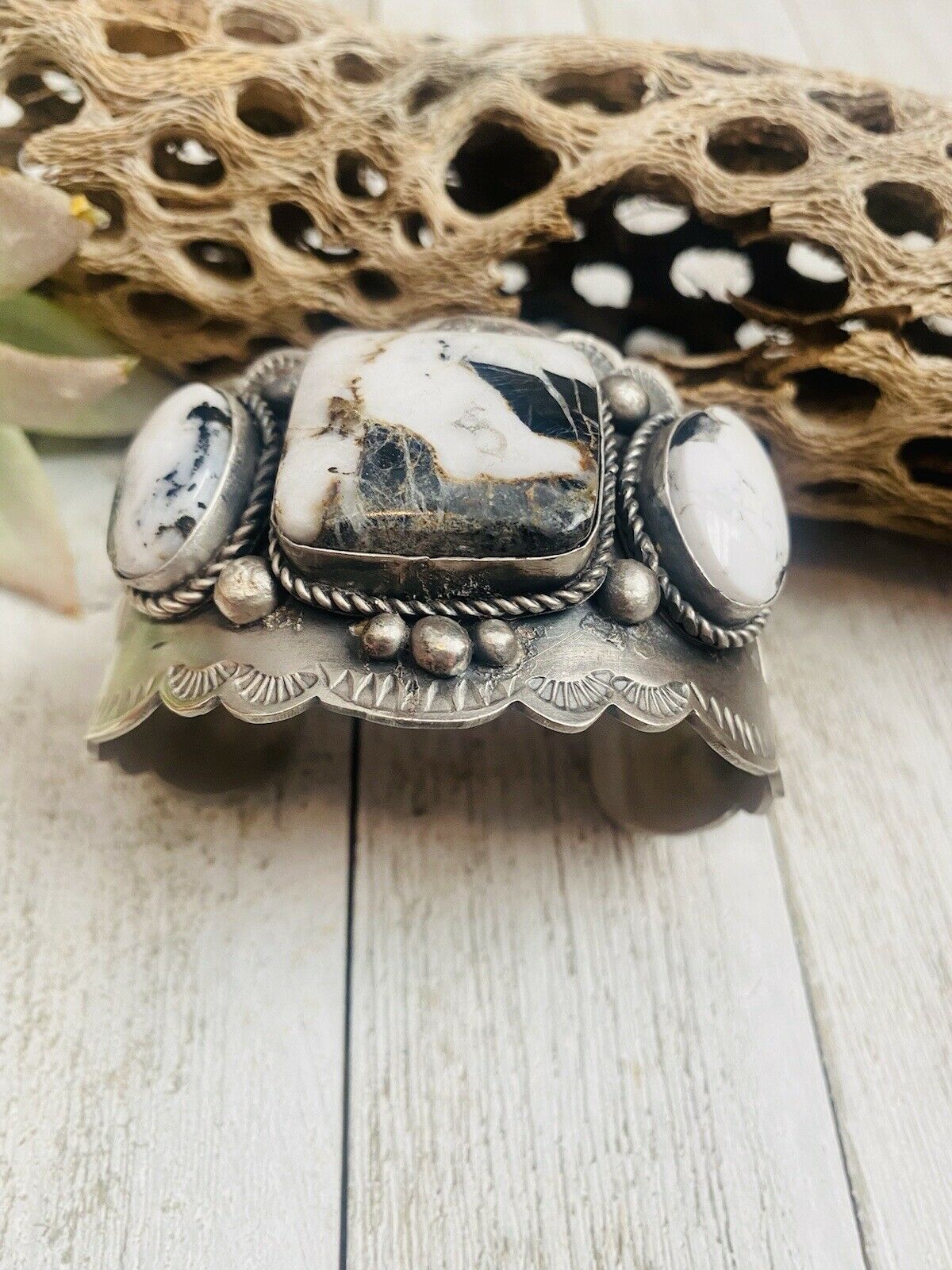 Beautiful Navajo White Buffalo & Sterling Silver Cuff Bracelet Signed