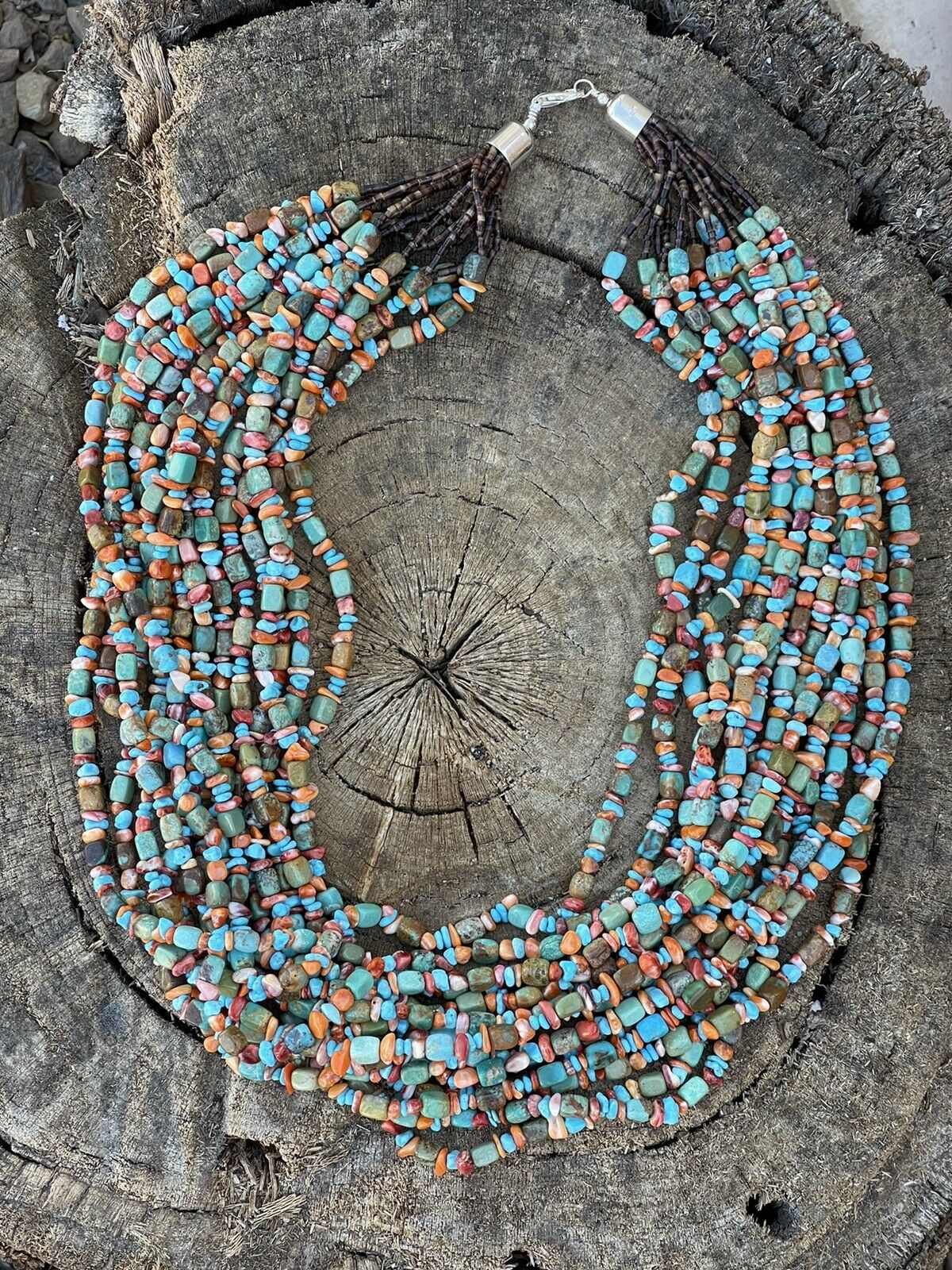 Navajo  Turquoise Multi Stone & Sterling Silver 15 Strand Beaded Necklace