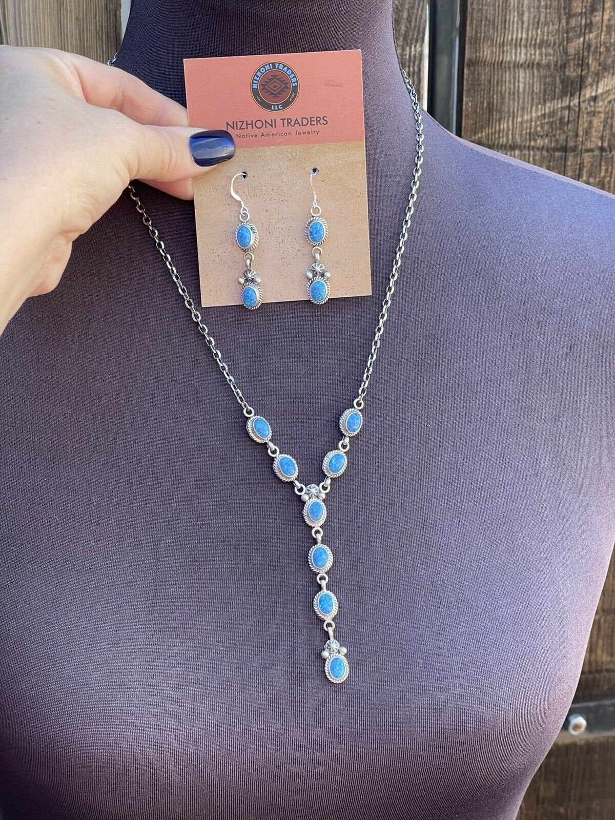 Navajo Sterling Silver &  Blue Iridescent Opal Lariat Necklace & Earring Set