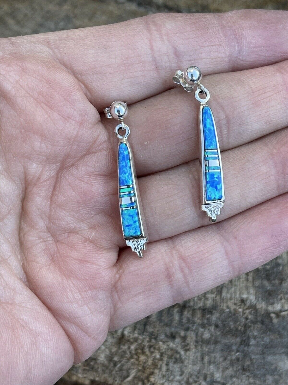 Navajo Blue Opal And Sterling Silver Inlay Dangle Earrings