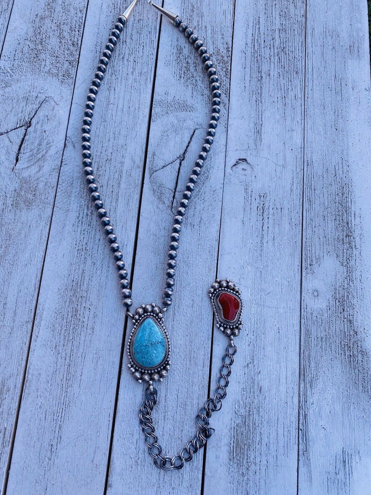 Navajo Coral, Turquoise & Sterling Silver Lariat Necklace