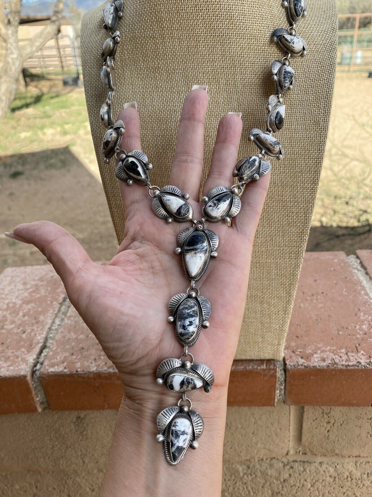 Navajo White Buffalo & Sterling Lariat Necklace Set Signed