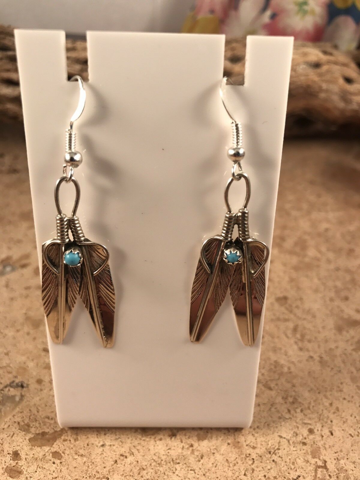 Navajo Sterling Silver & Turquoise Feather Dangle Earrings