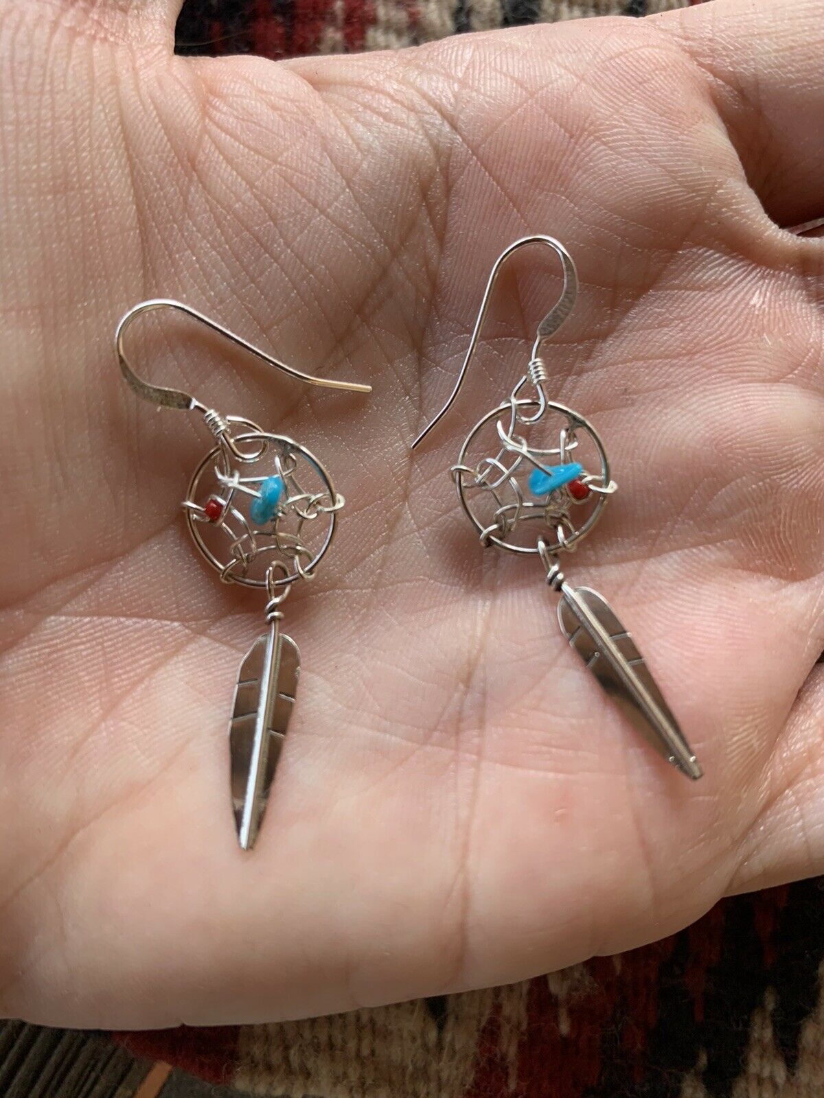 Navajo Sterling Silver Turquoise  Coral Dream Catcher, Feather Dangle Earrings.