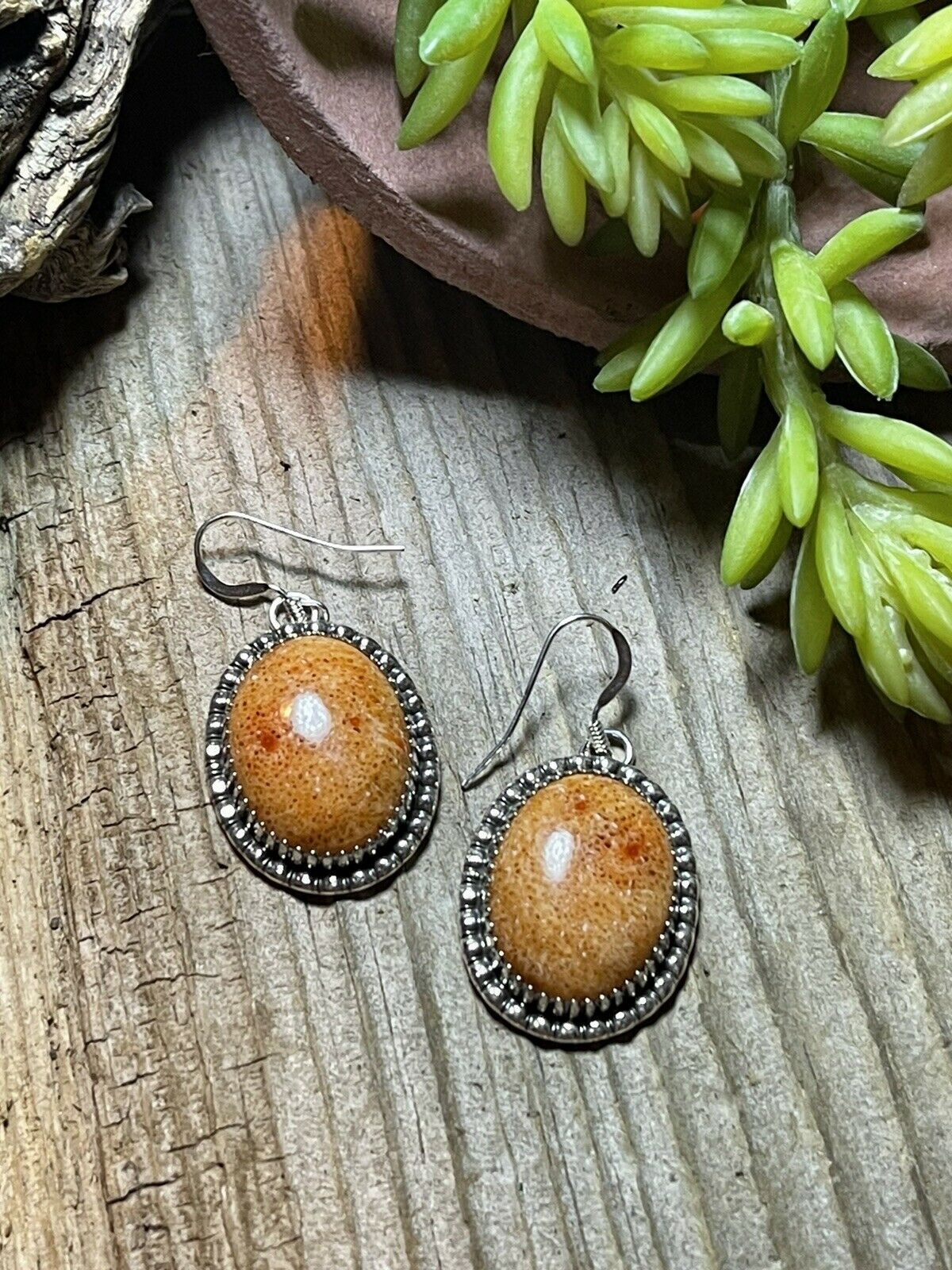 Beautiful Navajo Sterling Silver Apple Coral Oval Dangle Earrings