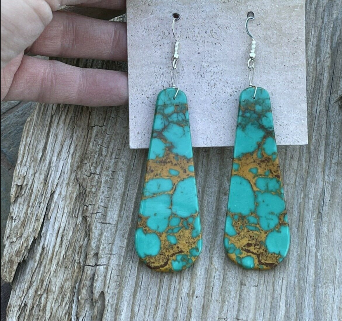 Navajo Sleek Sterling Silver & Green Turquoise Slab Dangle Earrings