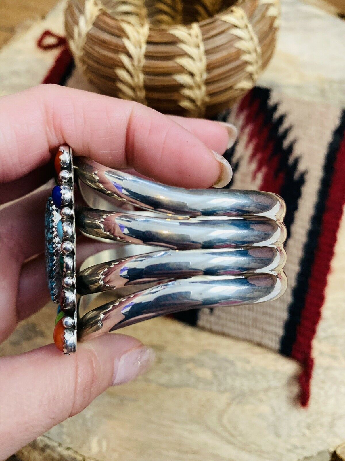 Amazing Navajo Multi Stone & Sterling Silver Cuff Bracelet Signed