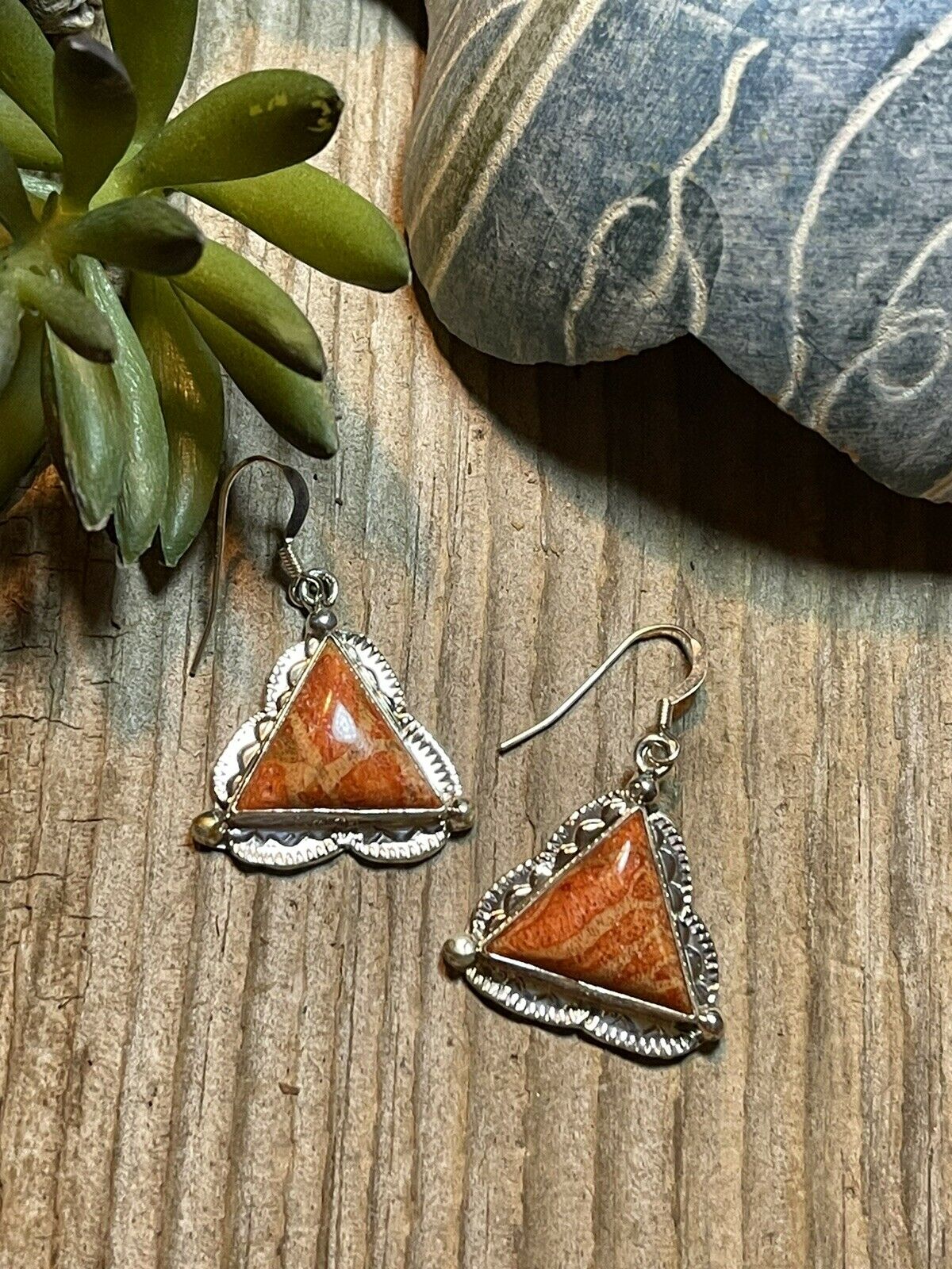 Beautiful Navajo Sterling Silver Apple Coral Triangle Dangle Earrings