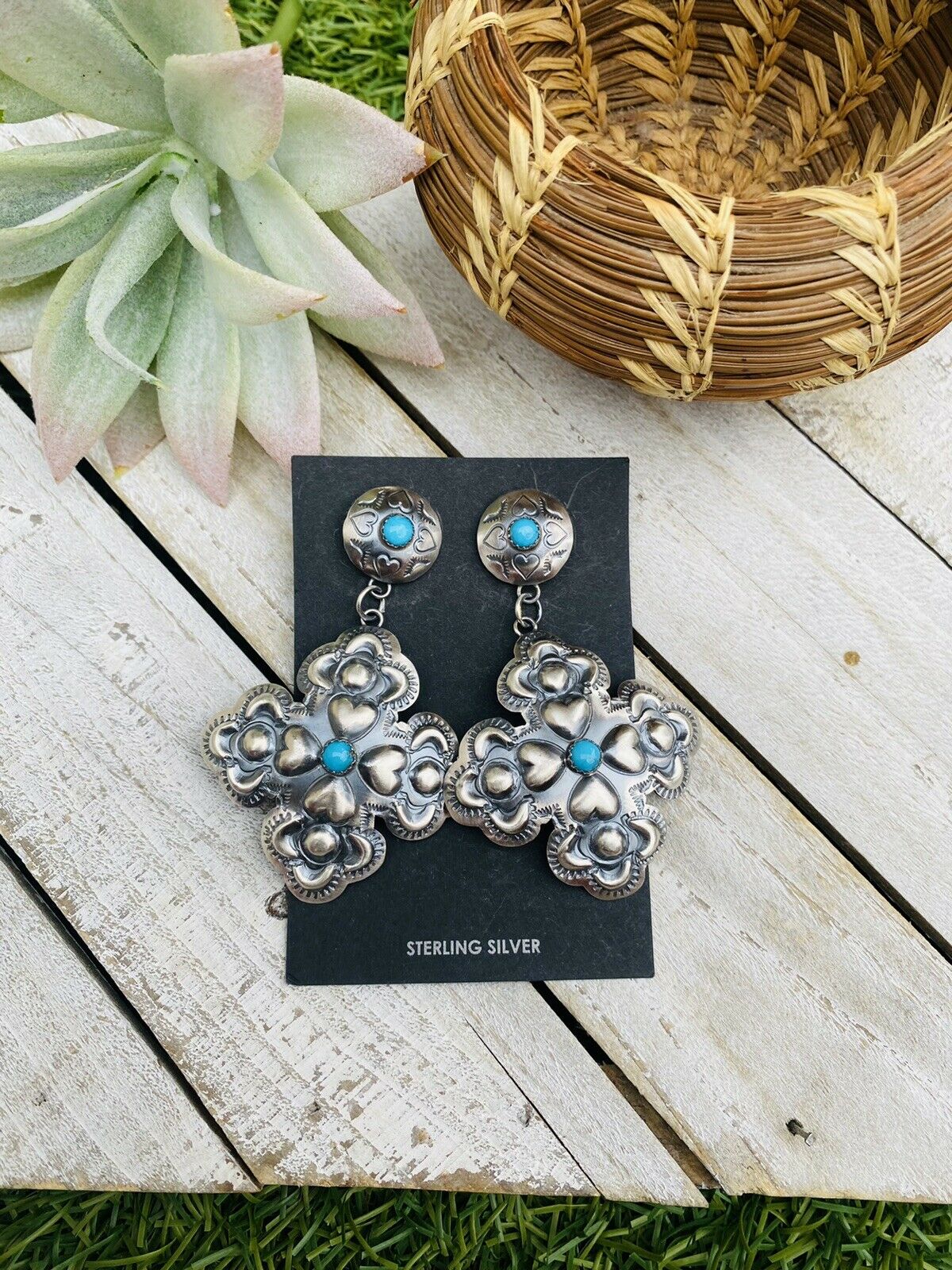 Navajo Turquoise & Sterling Silver Concho Cross Dangle Earrings By Tim Yazzie