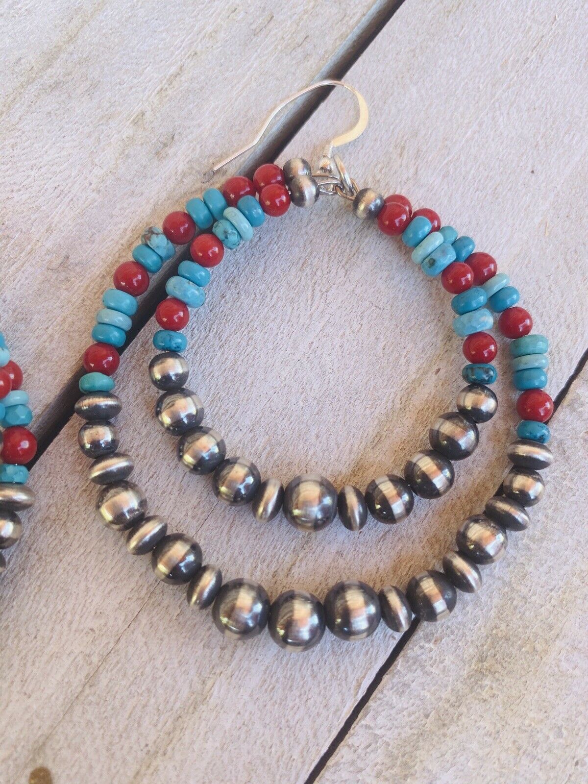 Navajo Turquoise, Coral & Sterling Silver Navajo Pearl Dangle Hoop Earrings