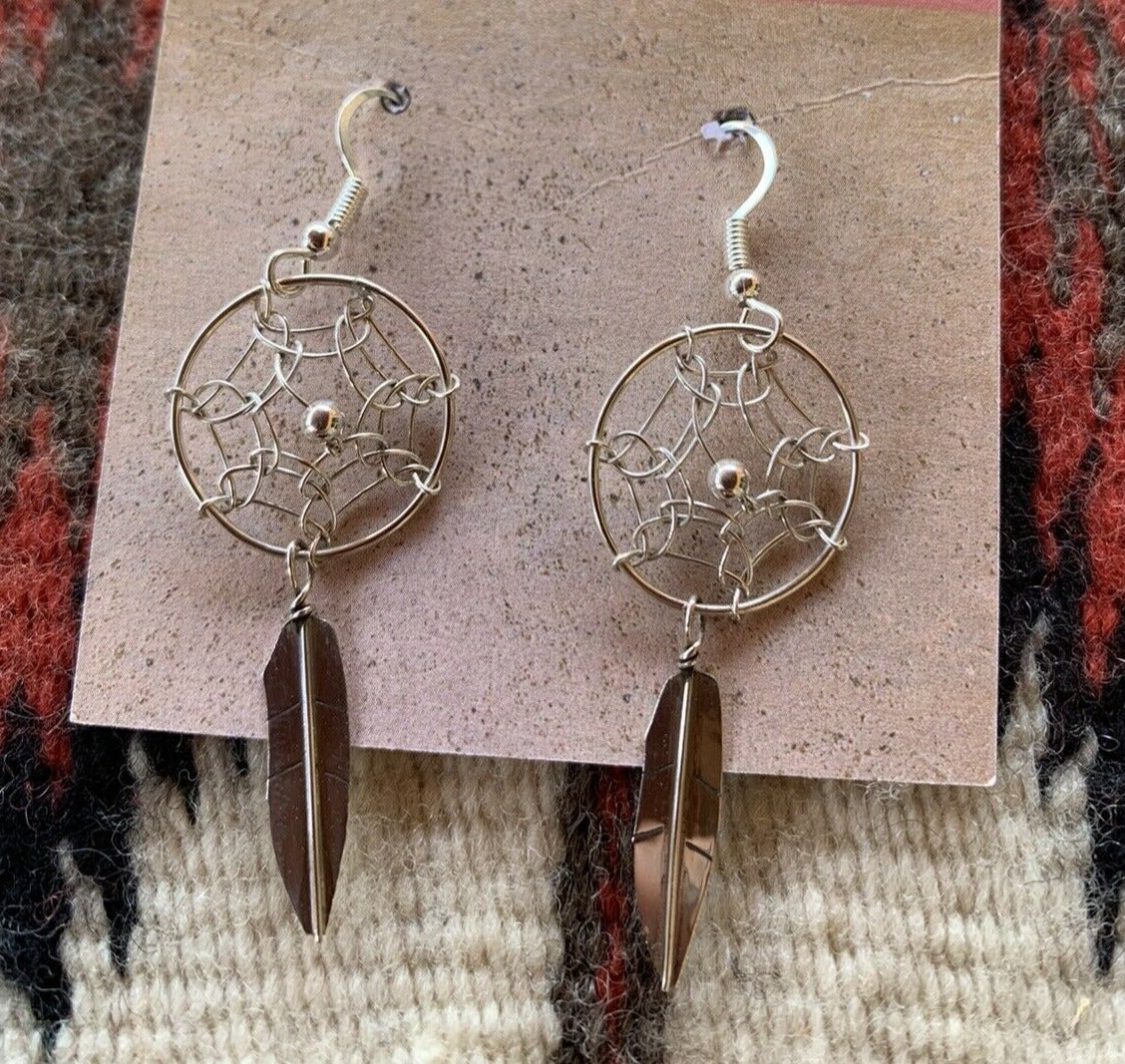 Navajo Sterling Silver Dream Catcher, Feather Dangle Earrings.