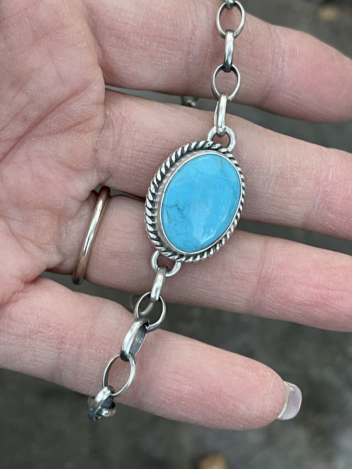 Navajo Blue Turquoise T. Skeets Stone & Sterling Silver Link Bracelet Signed