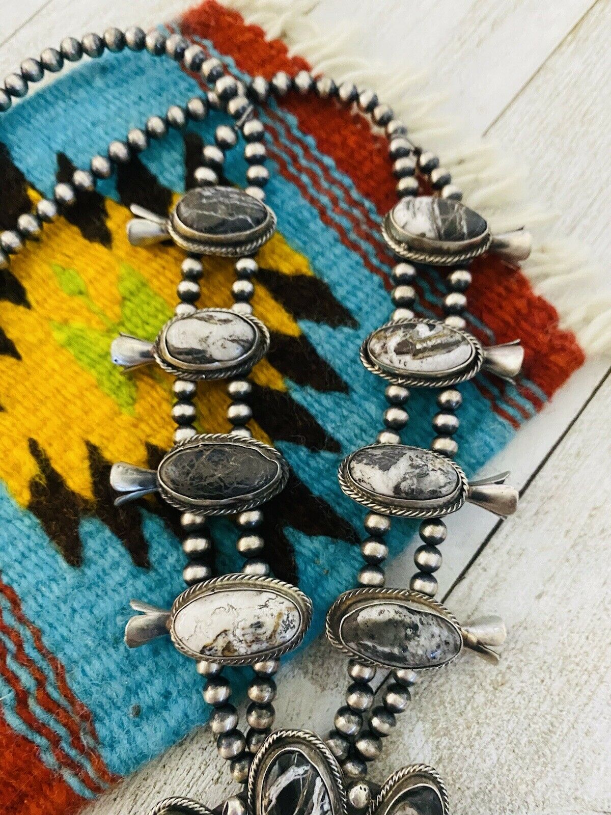 Navajo Sterling Silver & White Buffalo Squash Blossom Necklace