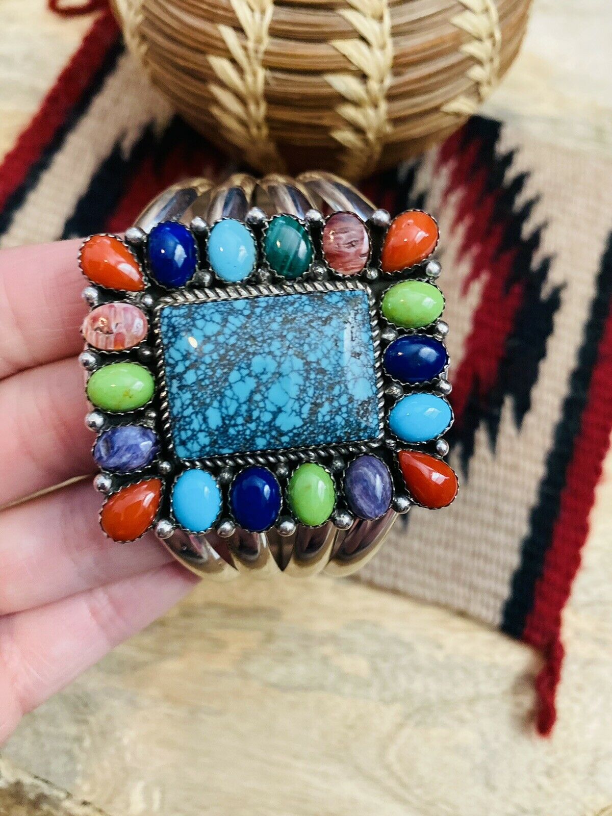 Amazing Navajo Multi Stone & Sterling Silver Cuff Bracelet Signed