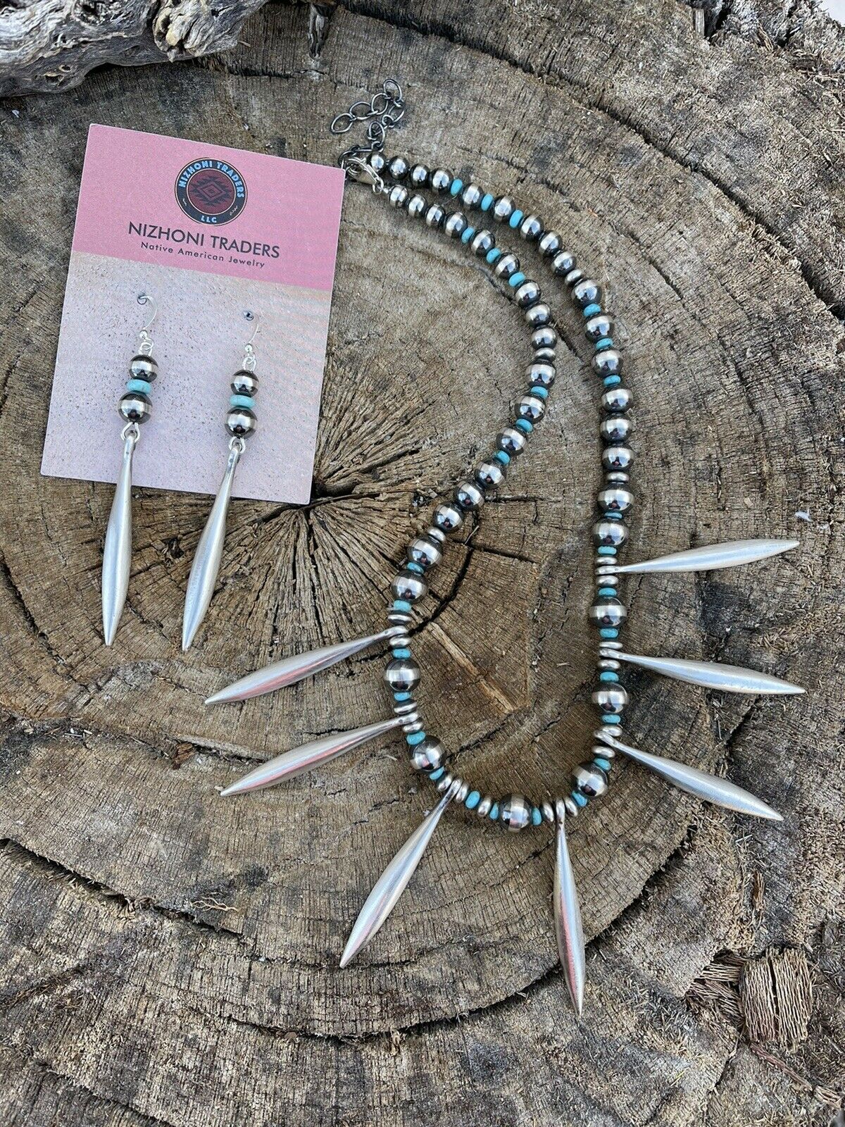 Navajo Turquoise Sterling Silver Pearl Necklace And Dangle Earring Set