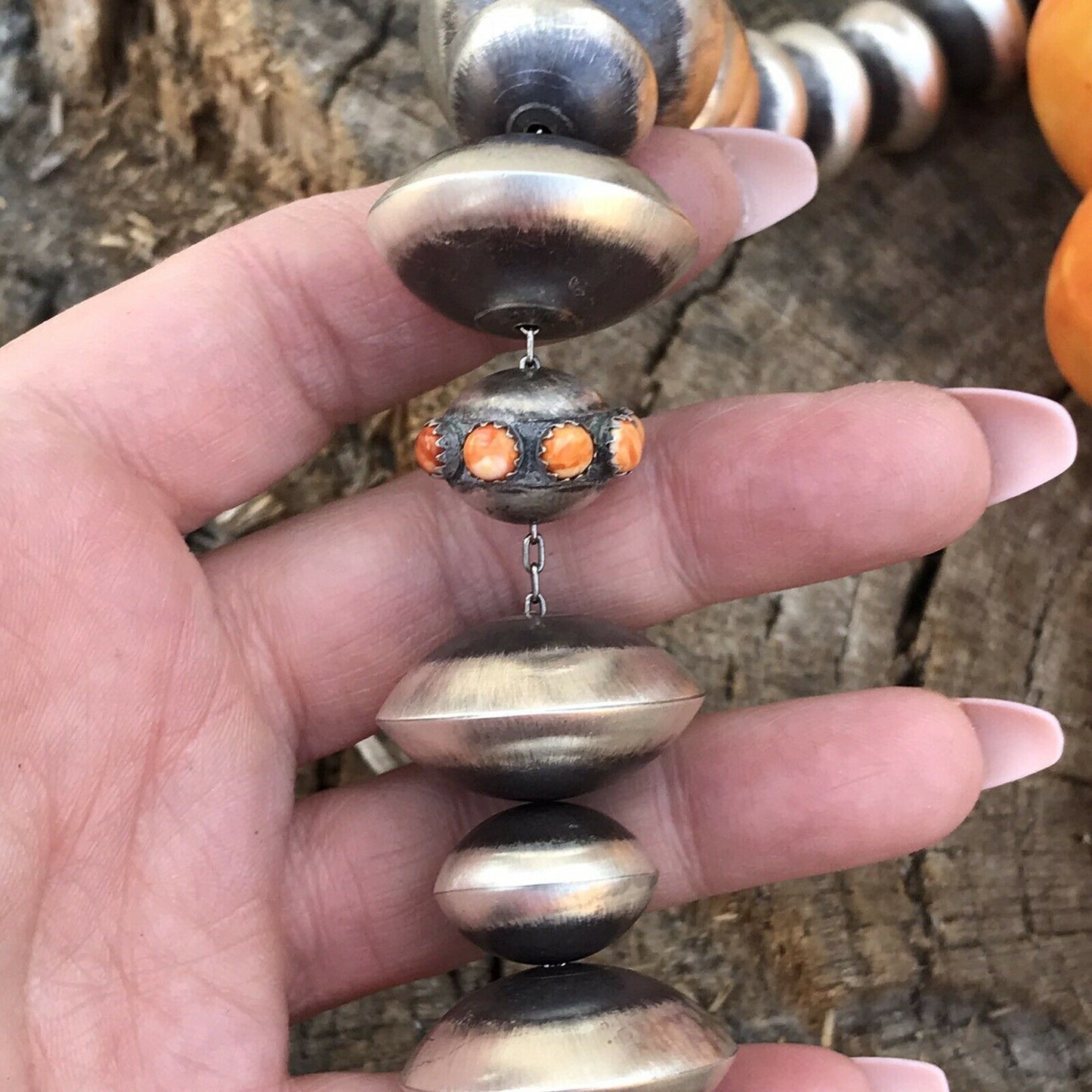 Navajo Orange Spiny & Sterling Navajo Disk Pearl 20 Mm -12 Mm Bead Necklace Set