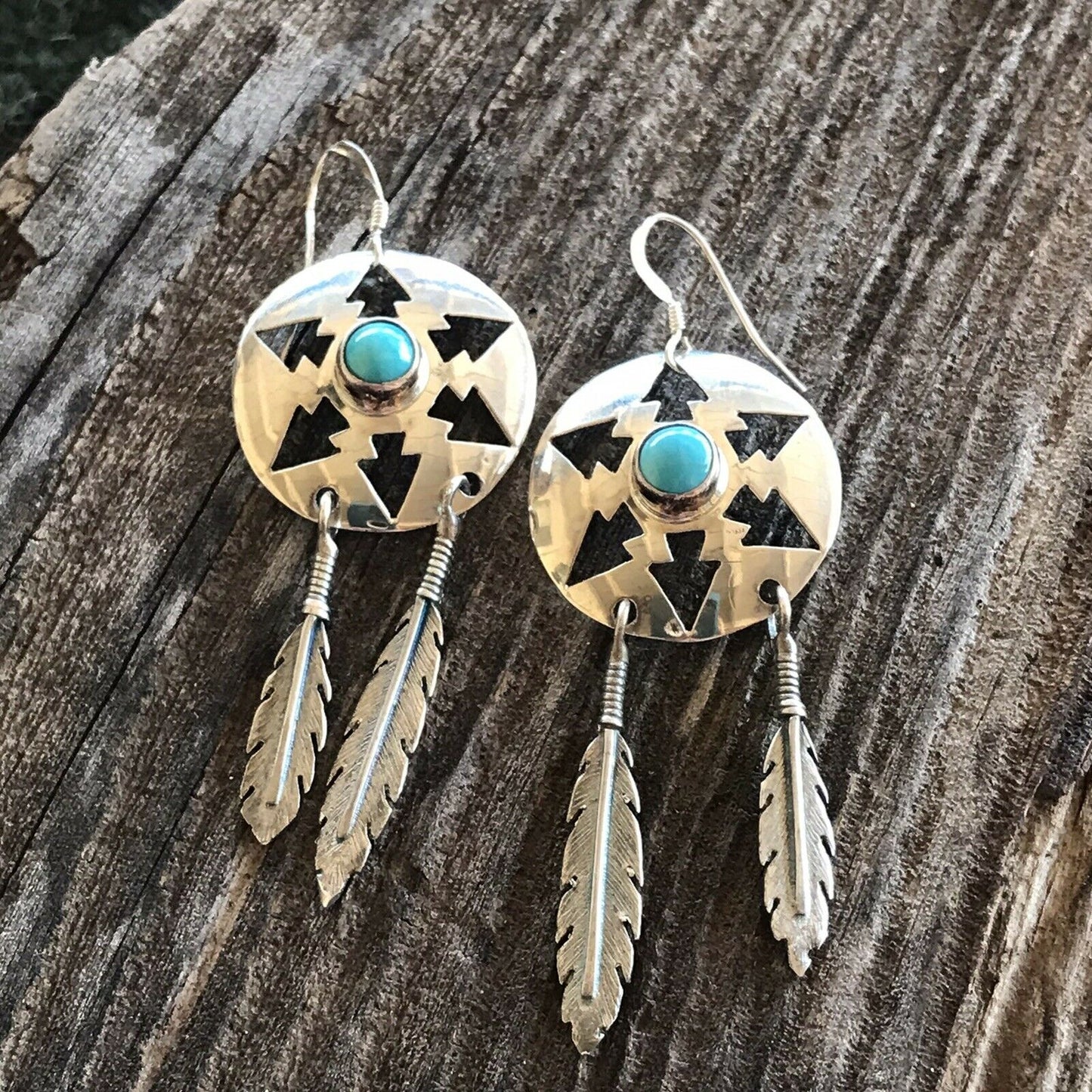 Navajo Turquoise And Sterling Silver Feather Dangle Earrings