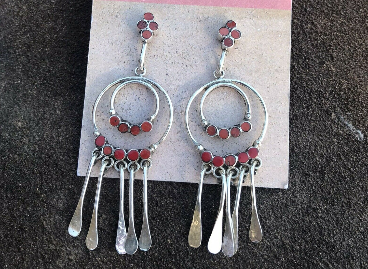 Vintage Navajo Sterling Silver Natural Red Coral Dangle Earrings