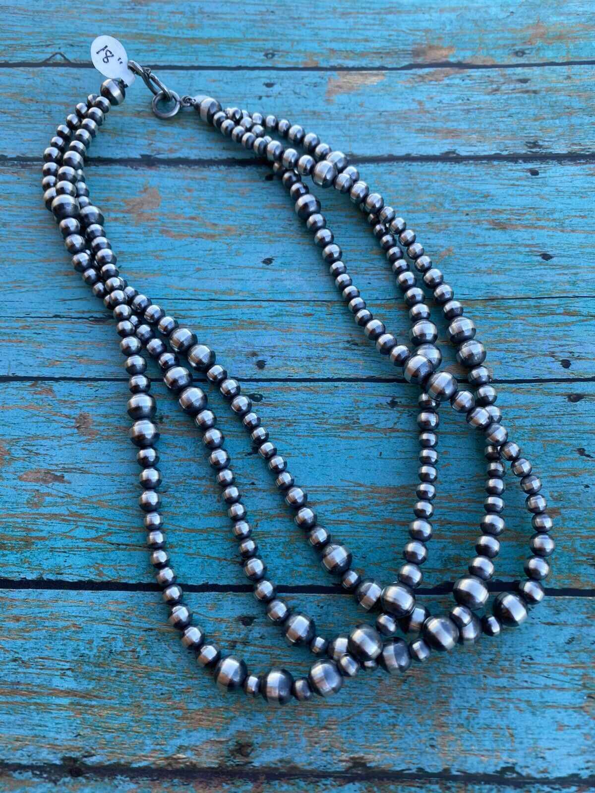 Navajo 3 Strand Sterling Silver Pearl Beaded Necklace 18 inches