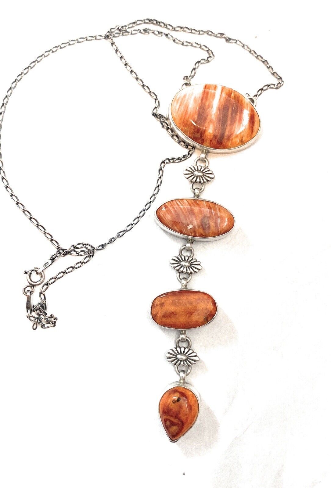 Navajo Orange Spiny & Sterling Silver 4 Stone Lariat Necklace