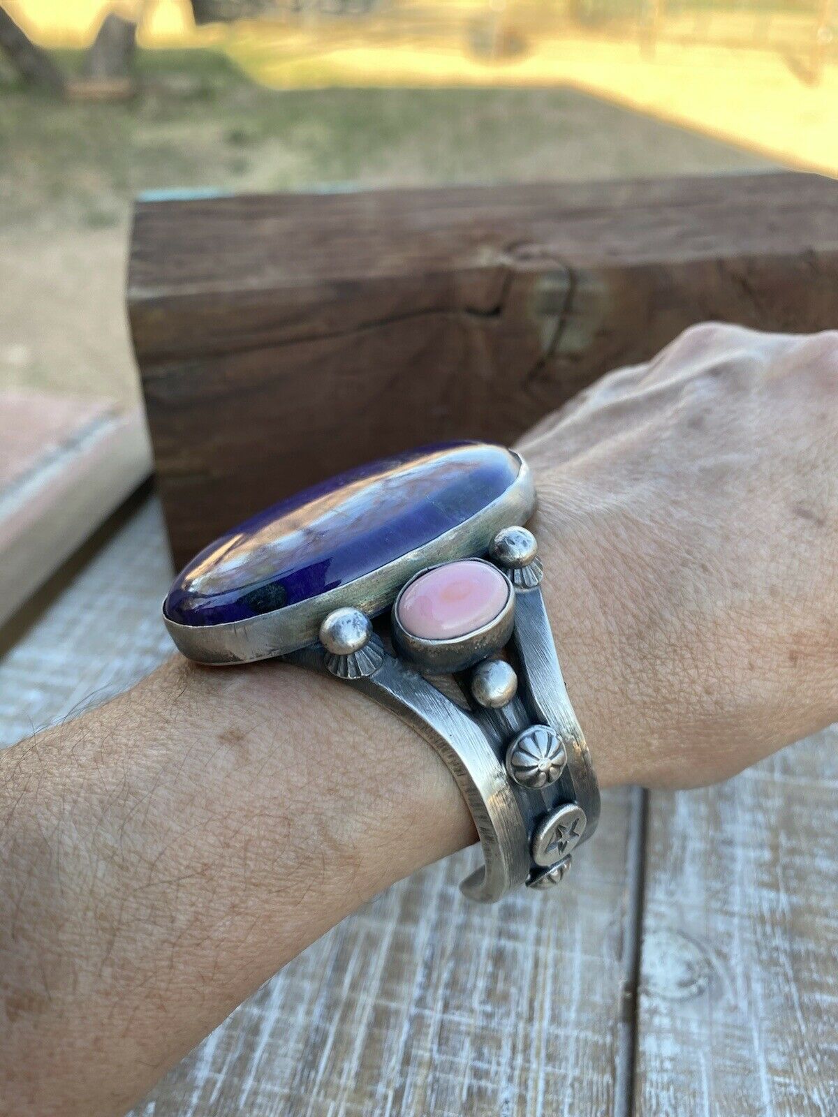 Chimney Butte Sterling Silver Charorite  & Queen Pink Conch Shell Cuff Bracelet