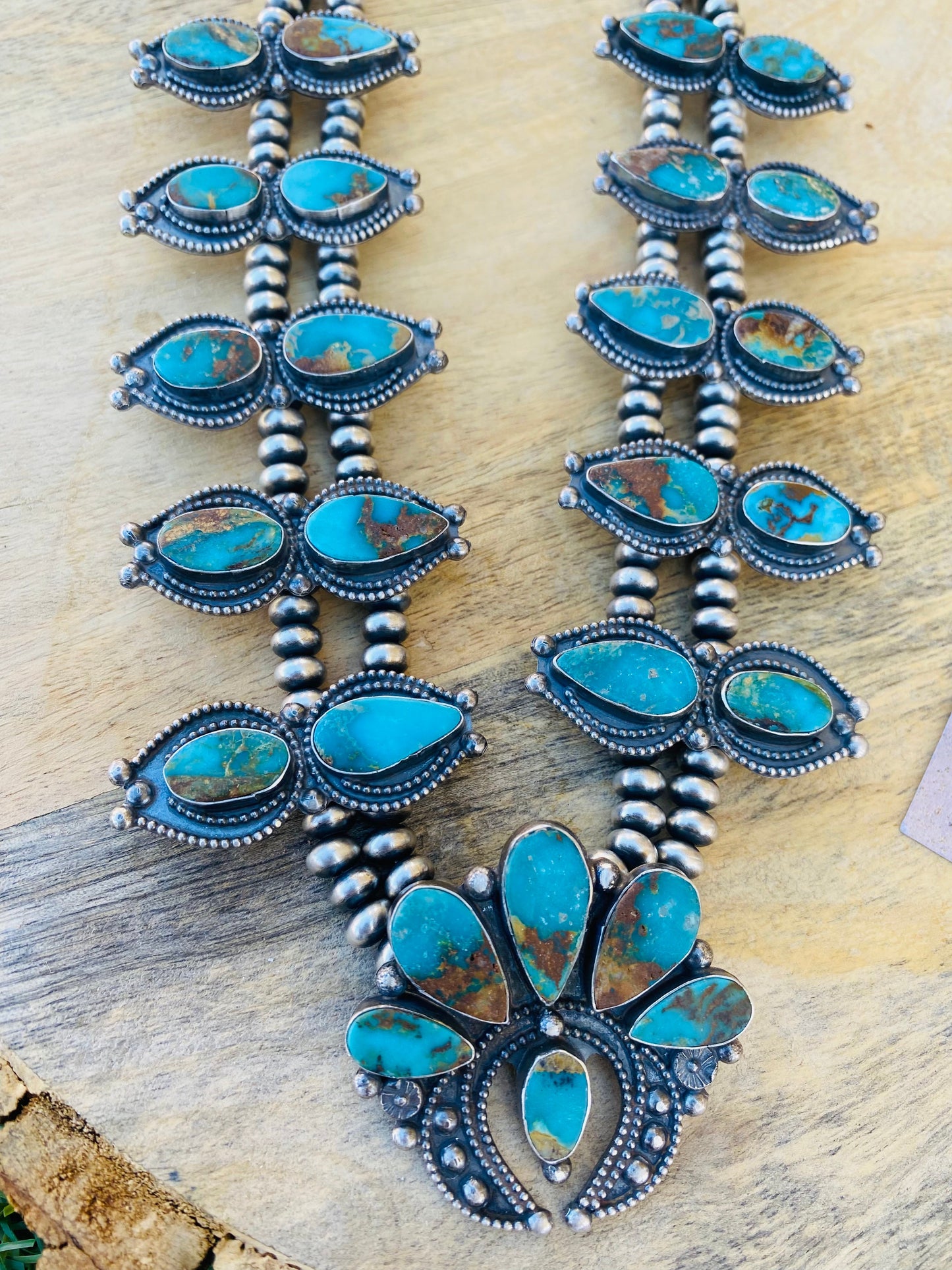 Navajo Sterling Silver & Royston Turquoise Squash Necklace Set Signed