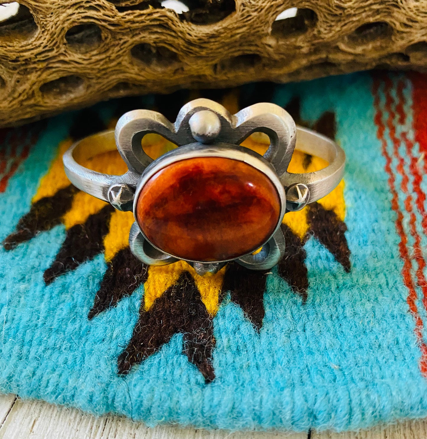 Navajo Orange Spiny & Sterling Silver Cuff Bracelet by Chimney Butte