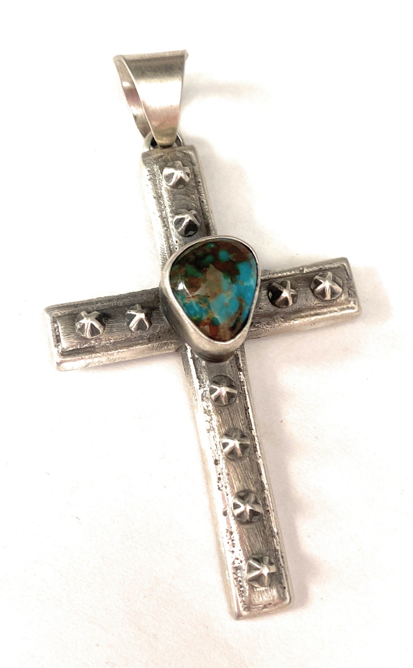 Navajo Sterling Silver & Royston Turquoise Cross Pendant By Chimney Butte
