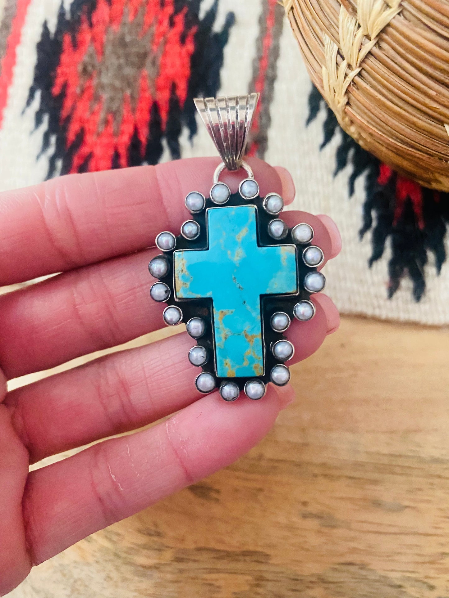 Turquoise, Pearl & Sterling Silver Cross Pendant