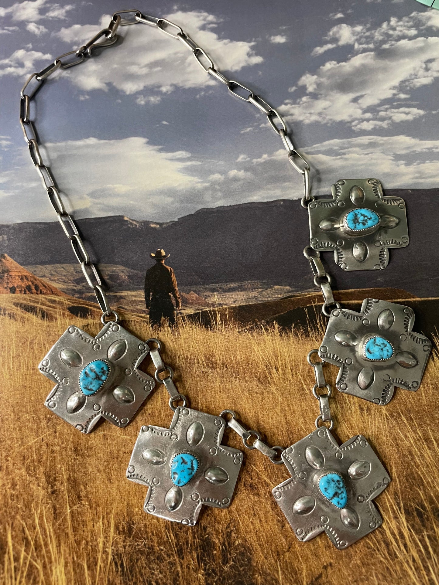 Navajo Turquoise And Sterling Silver Cross Necklace Earrings Set Signed