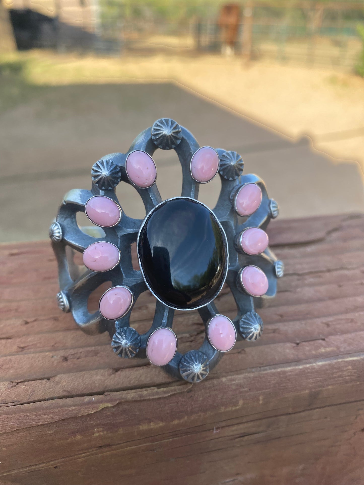 Chimney Butte Sterling Silver Onyx  & Queen Pink Conch Shell Cuff Bracelet