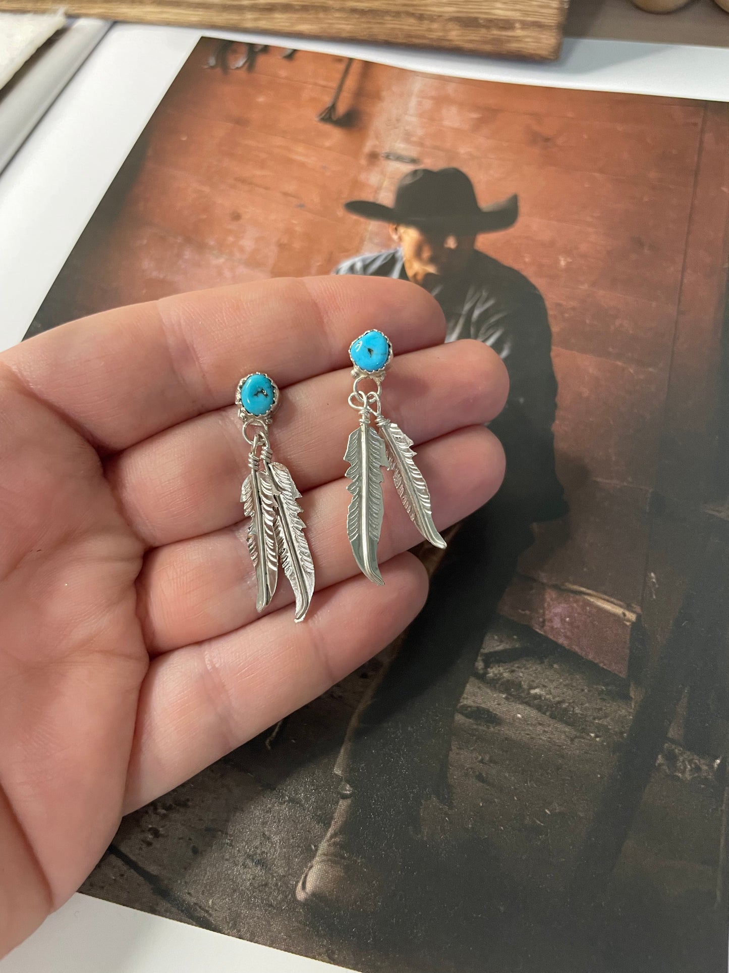 Navajo Turquoise & Sterling Silver Feather Dangle Earrings