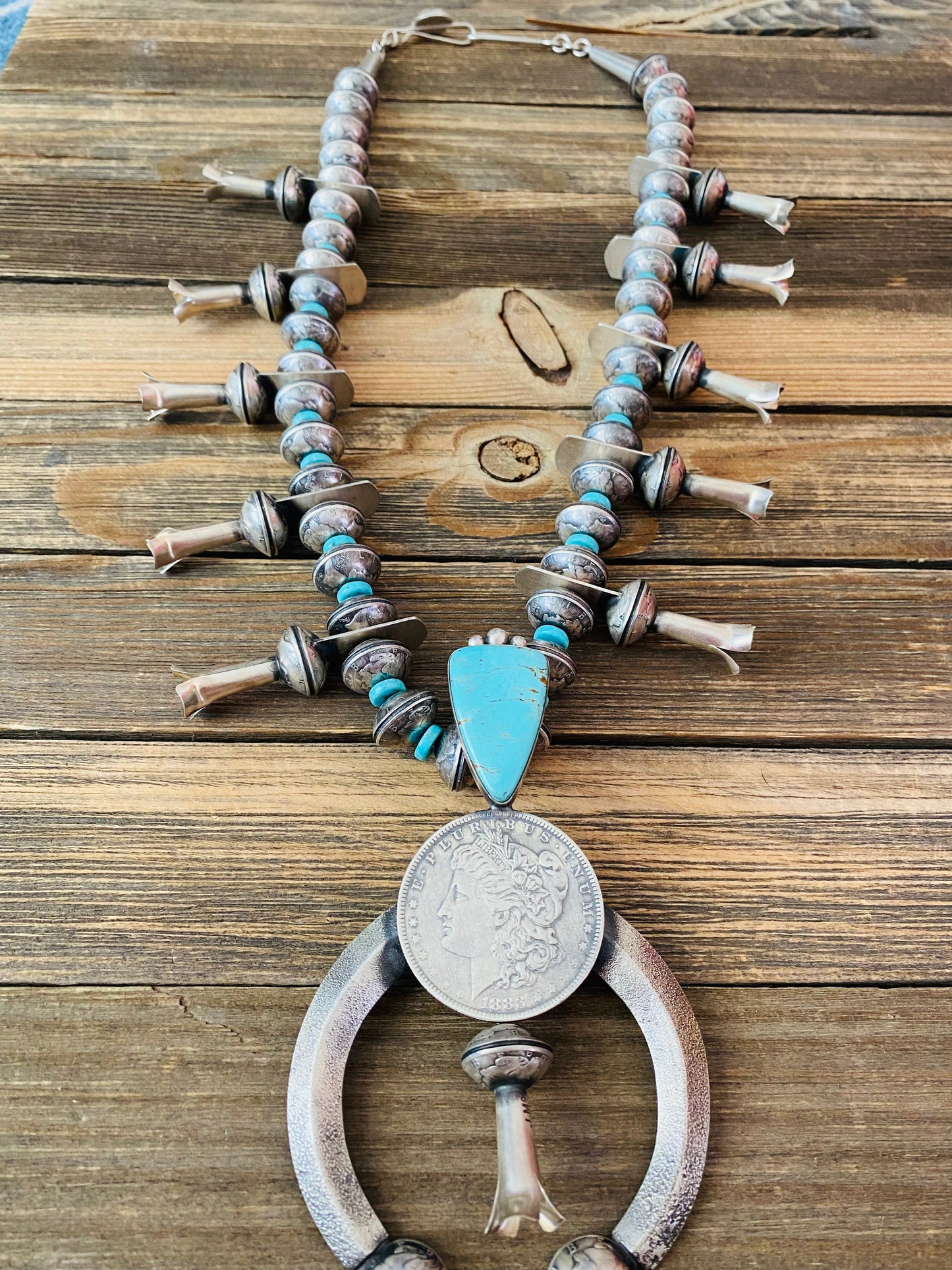 Navajo James McCabe Turquoise & Sterling Silver Liberty Dime Squash Blossom Necklace