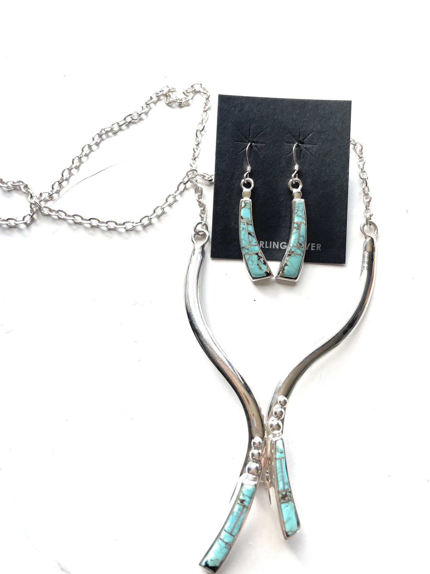 Navajo Sterling Silver & Number 8 Turquoise Inaly Necklace Earrings Set Signed