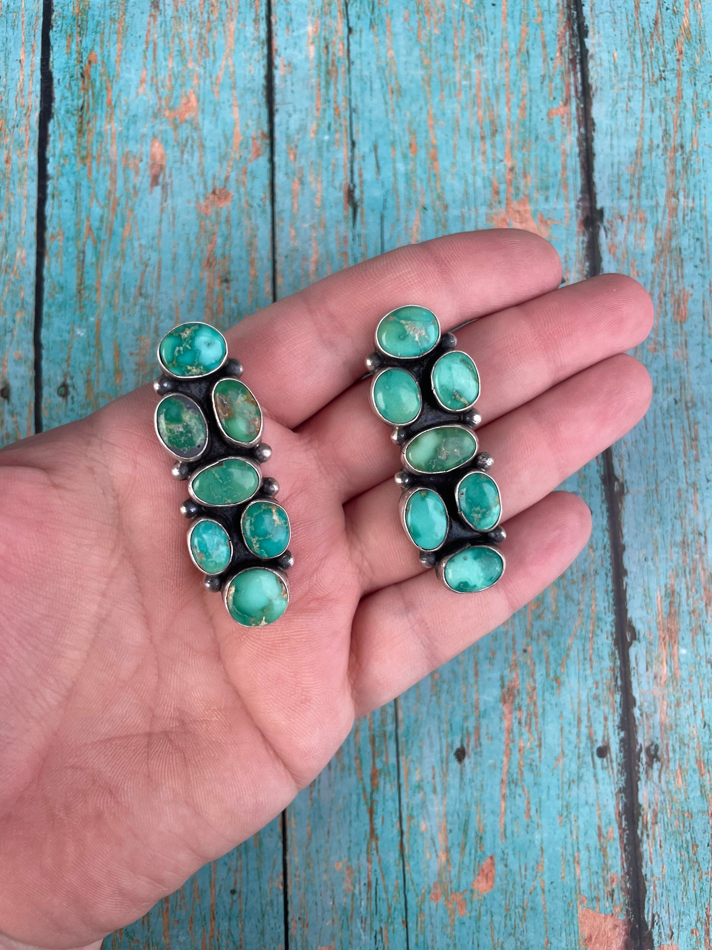 Navajo Sterling Silver & Turquoise Cluster Post Earrings Signed Sheila Becenti