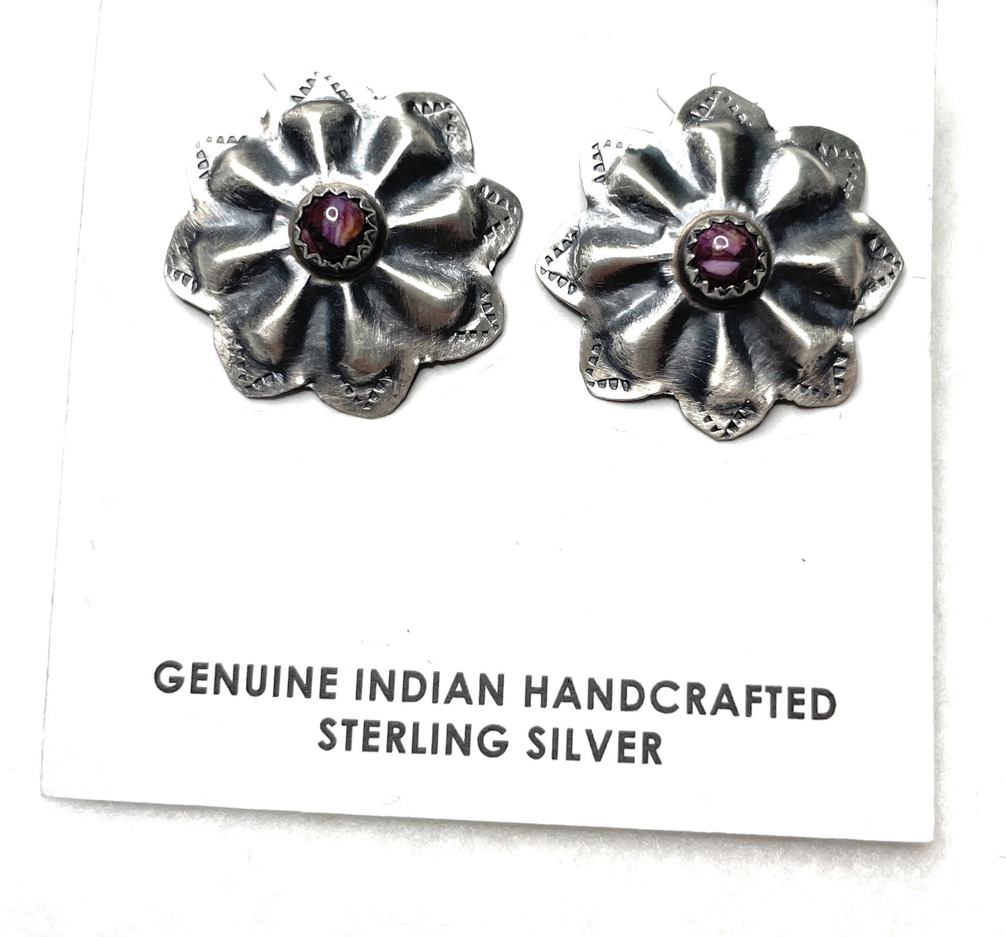Navajo Purple Spiny And Hand Stamped Sterling Silver Concho Post Earrings