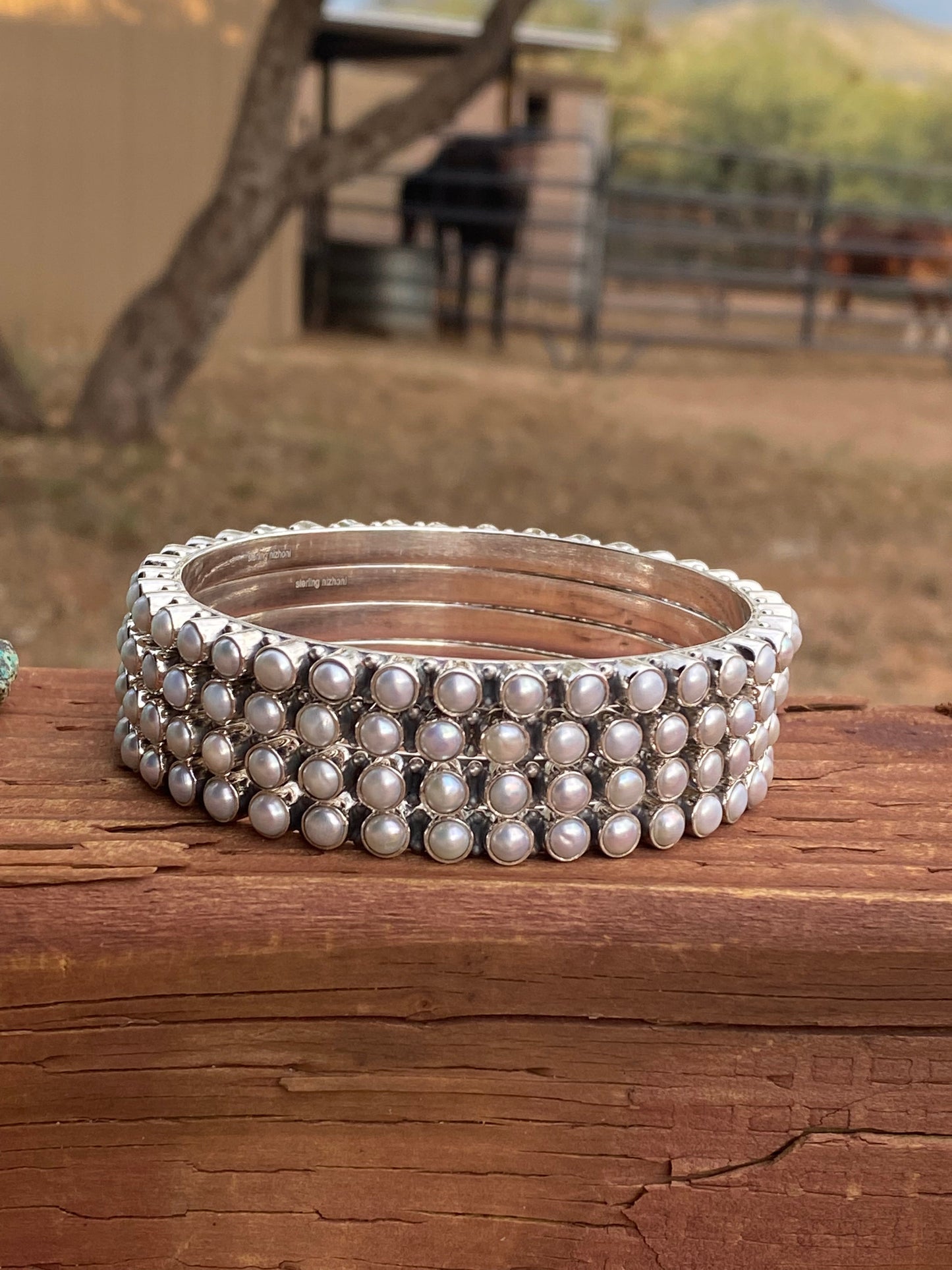 Handmade 5mm Fresh Water Pearl & Sterling Silver 8 inch Bangle Bracelet