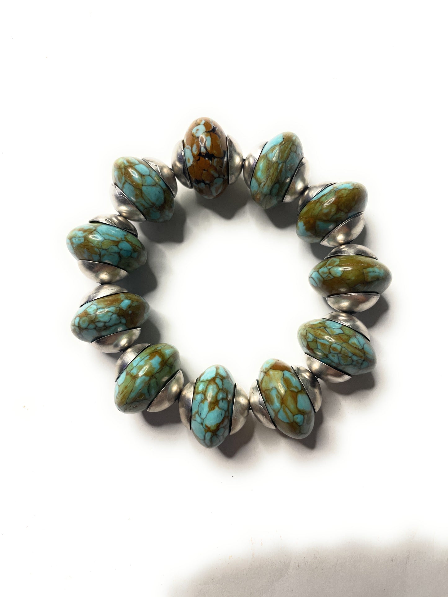 Navajo Sterling Silver Stretchy Natural #8 Turquoise Large Beaded Bracelet