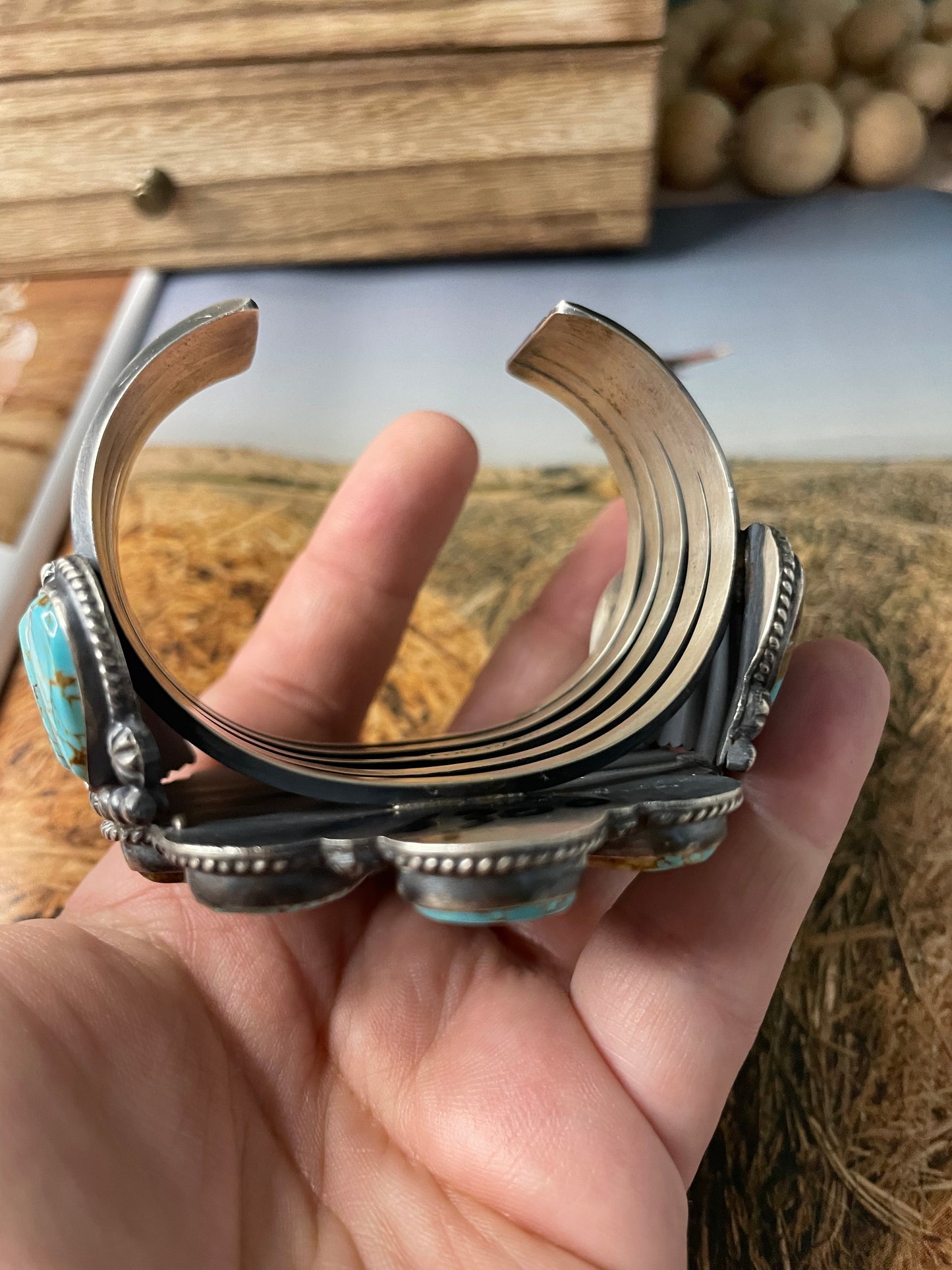 Anthony Skeets Navajo Flower Turquoise & Sterling Silver Cuff Bracelet Signed