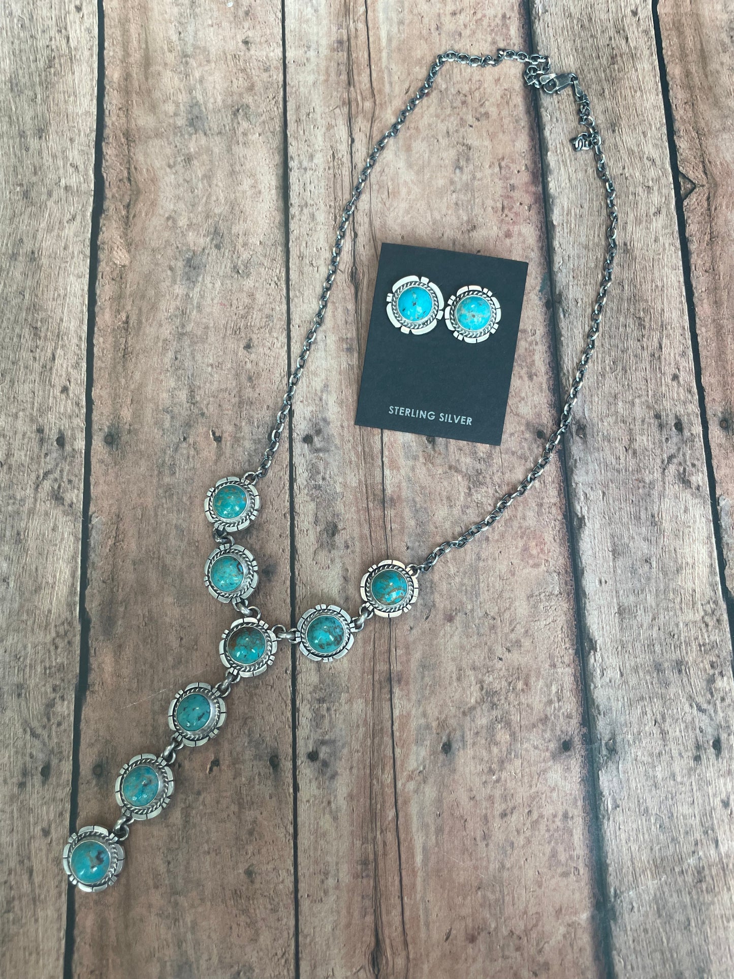 Navajo Kingman Turquoise & Sterling Silver Lariat Necklace Set