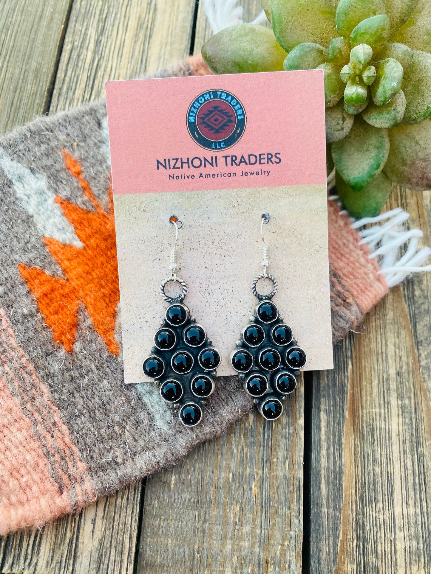 Navajo Onyx And Sterling Silver Cluster Dangle Earrings