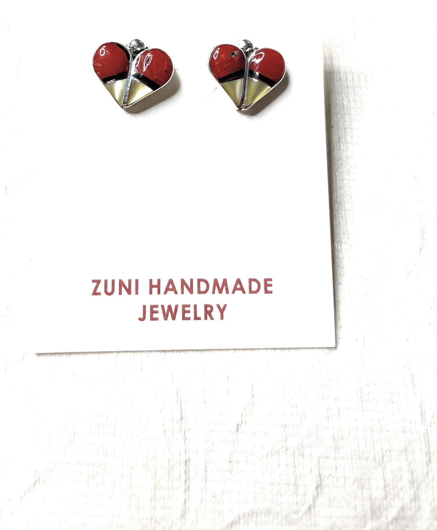 Zuni Sterling Silver, Coral Onyx, & Mother of Pearl Stud Heart Earrings
