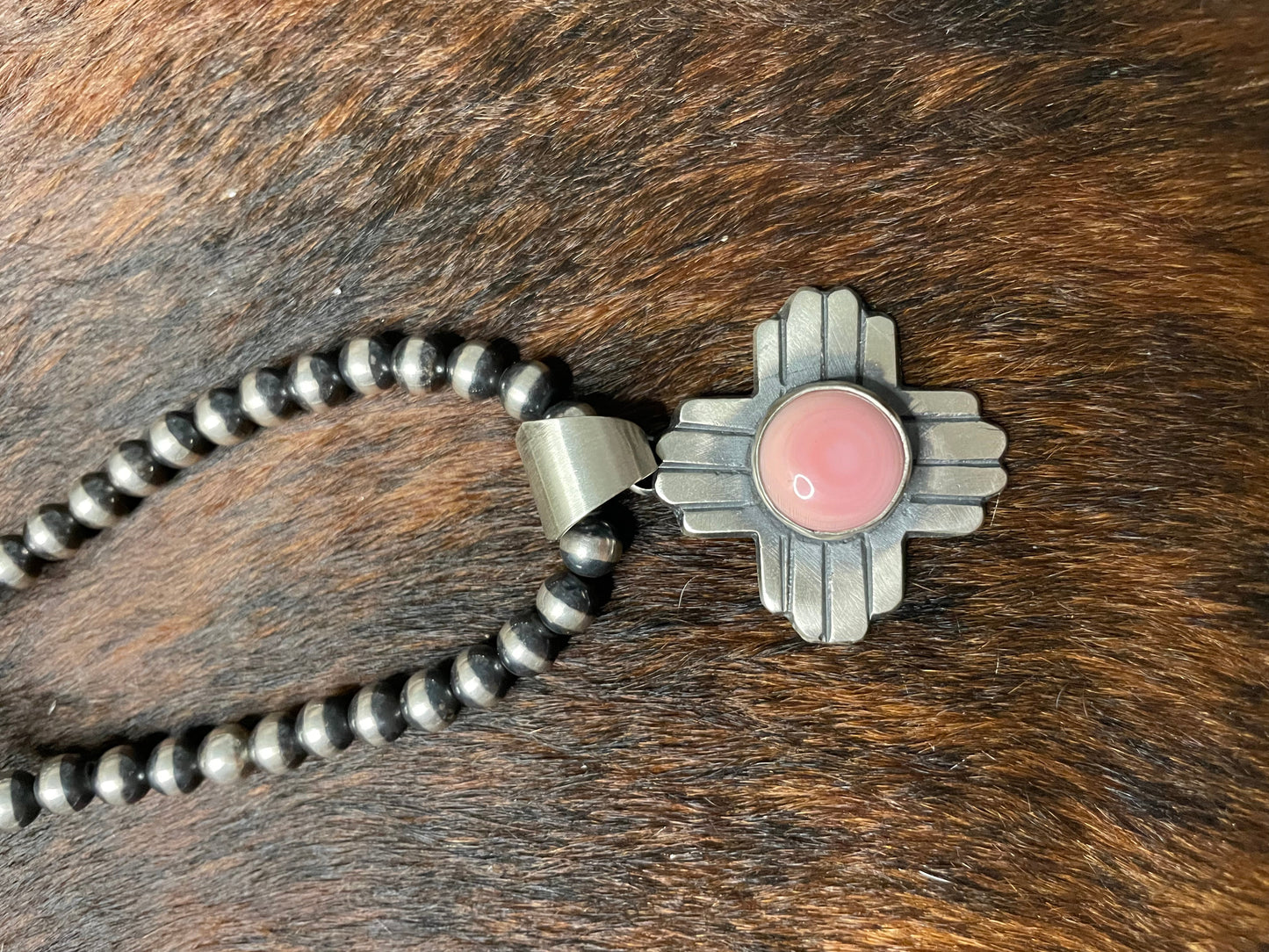 Navajo Queen Pink Conch Shell And Sterling Silver Cross Pendant By Chimney Butte