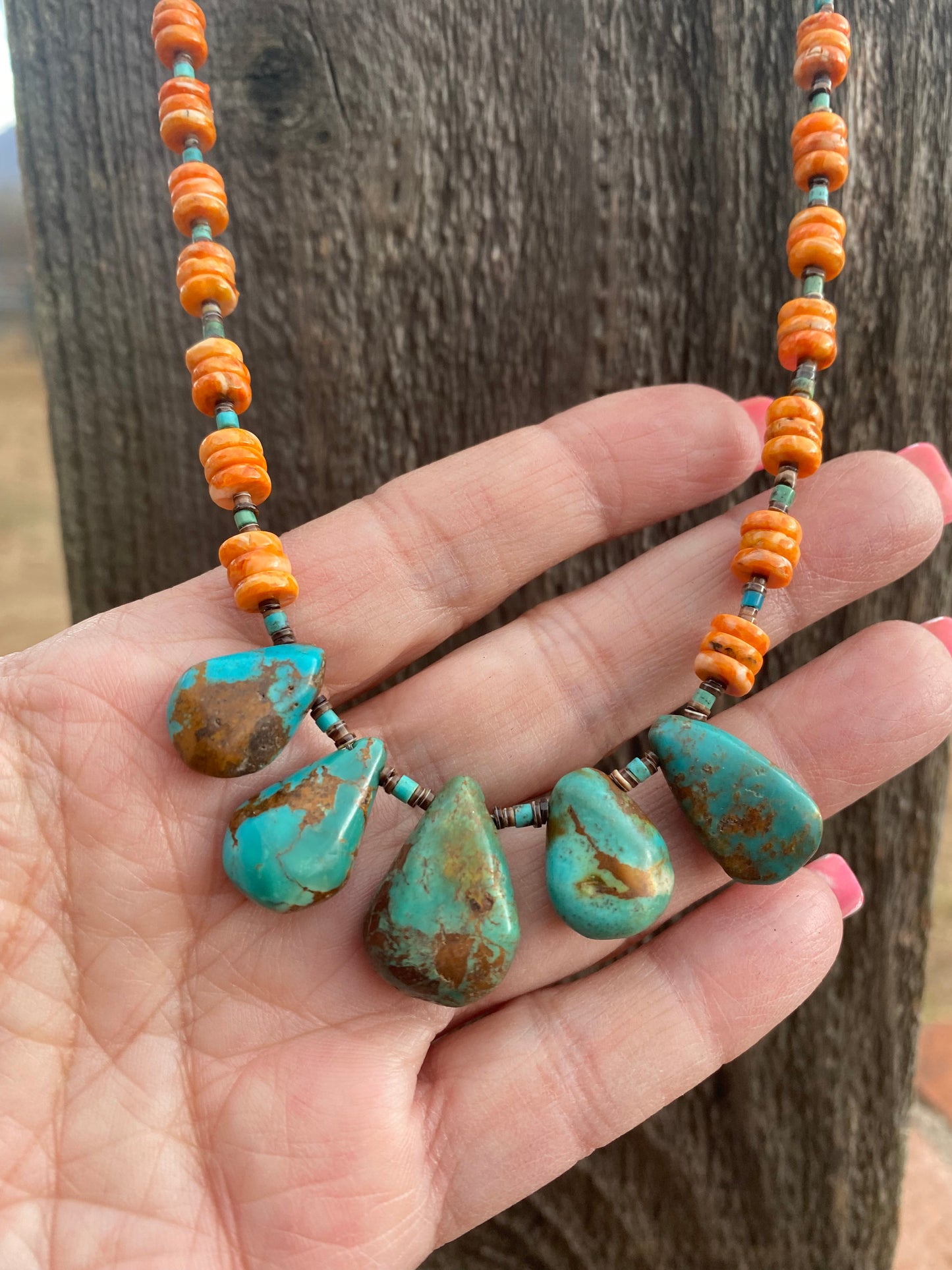 Navajo Handmade Orange Spiny, Turquoise & Heishi Beaded Necklace