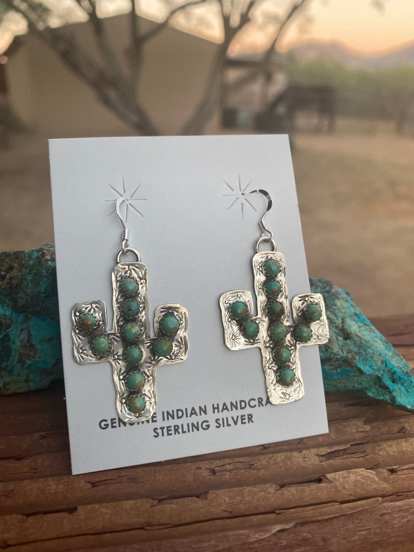 Navajo Sterling Silver & Royston Turquoise Saguaro Dangle Earrings